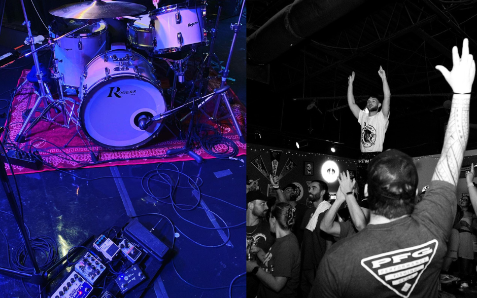 Image of drum set and man with arms raised in the middle of a crowd