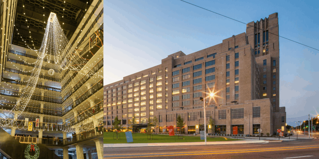 images of the outside of Crosstown Concourse and the seasonal lights inside the atrium