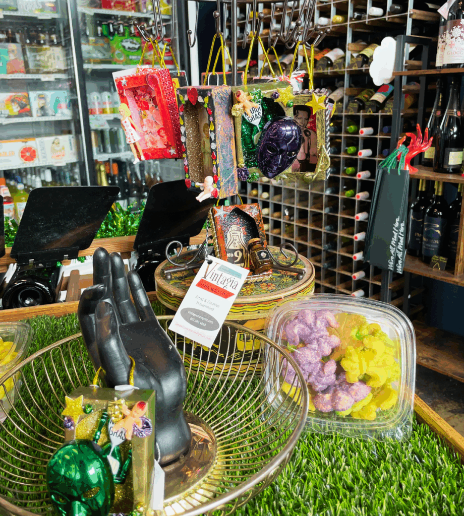 art and other items with Mardi Gras theme