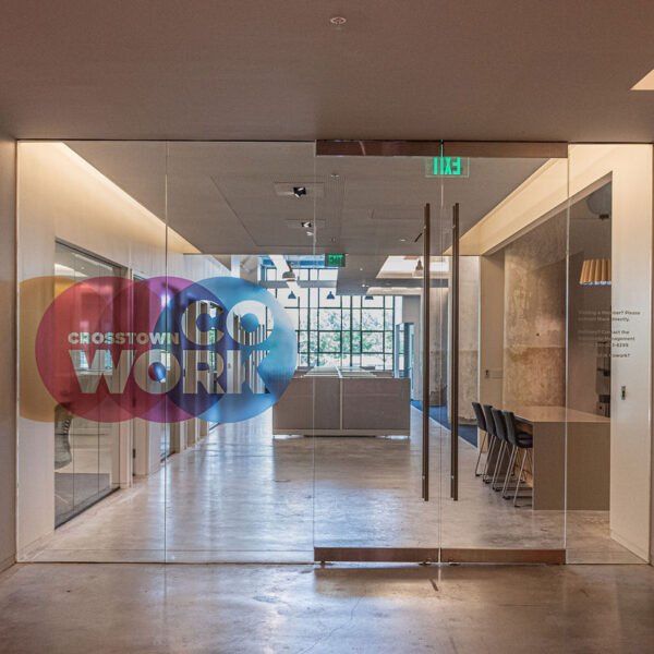 Image of glass doors to Crosstown CoWork